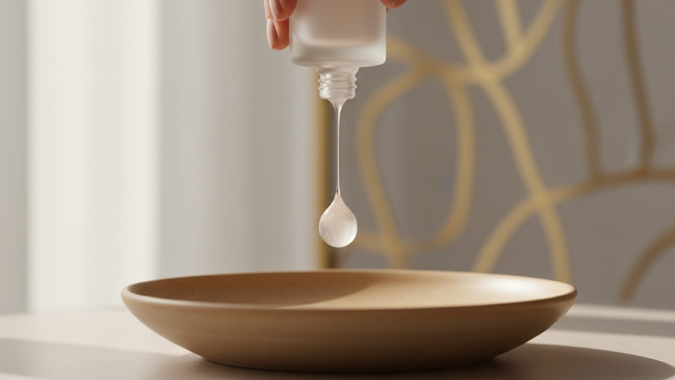 Illustration: A hand tipping an unlabelled frosted bottle so a single droplet falls toward a wooden dish.
