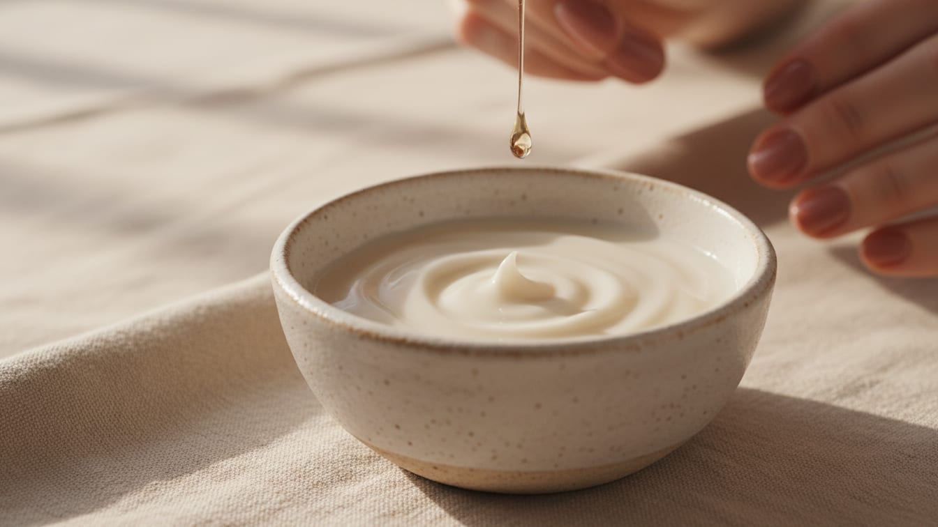 Illustration: A golden serum drop hovers over a small ceramic bowl containing a pale cream.