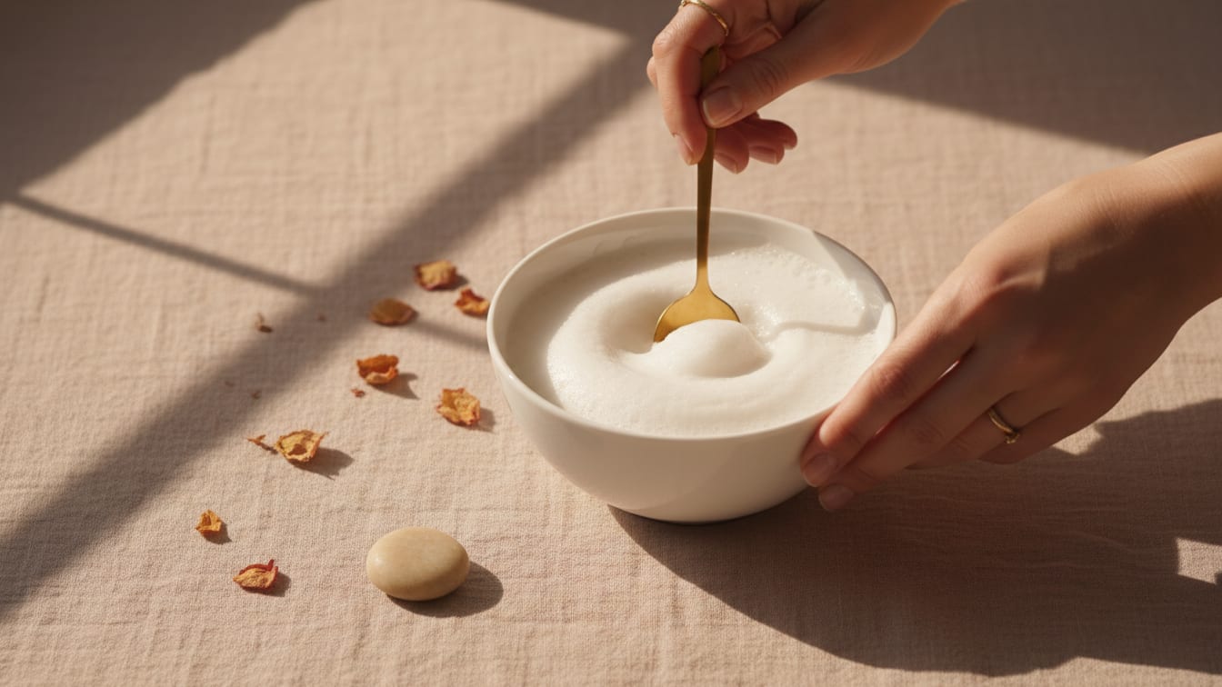 Illustration: Two hands stirring a white bowl of thick cream with a thin gold spoon, dried petals scattered on linen.