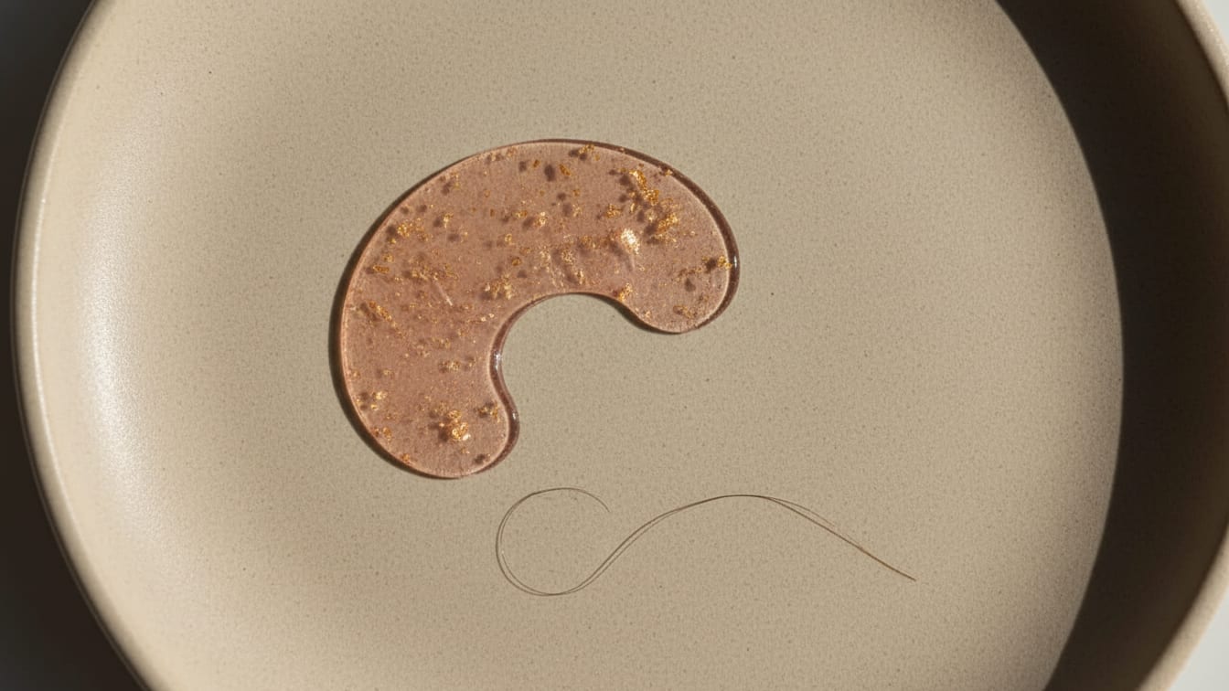 Illustration: A translucent hydrogel eye patch on a warm beige ceramic surface, with a single dark hair strand.