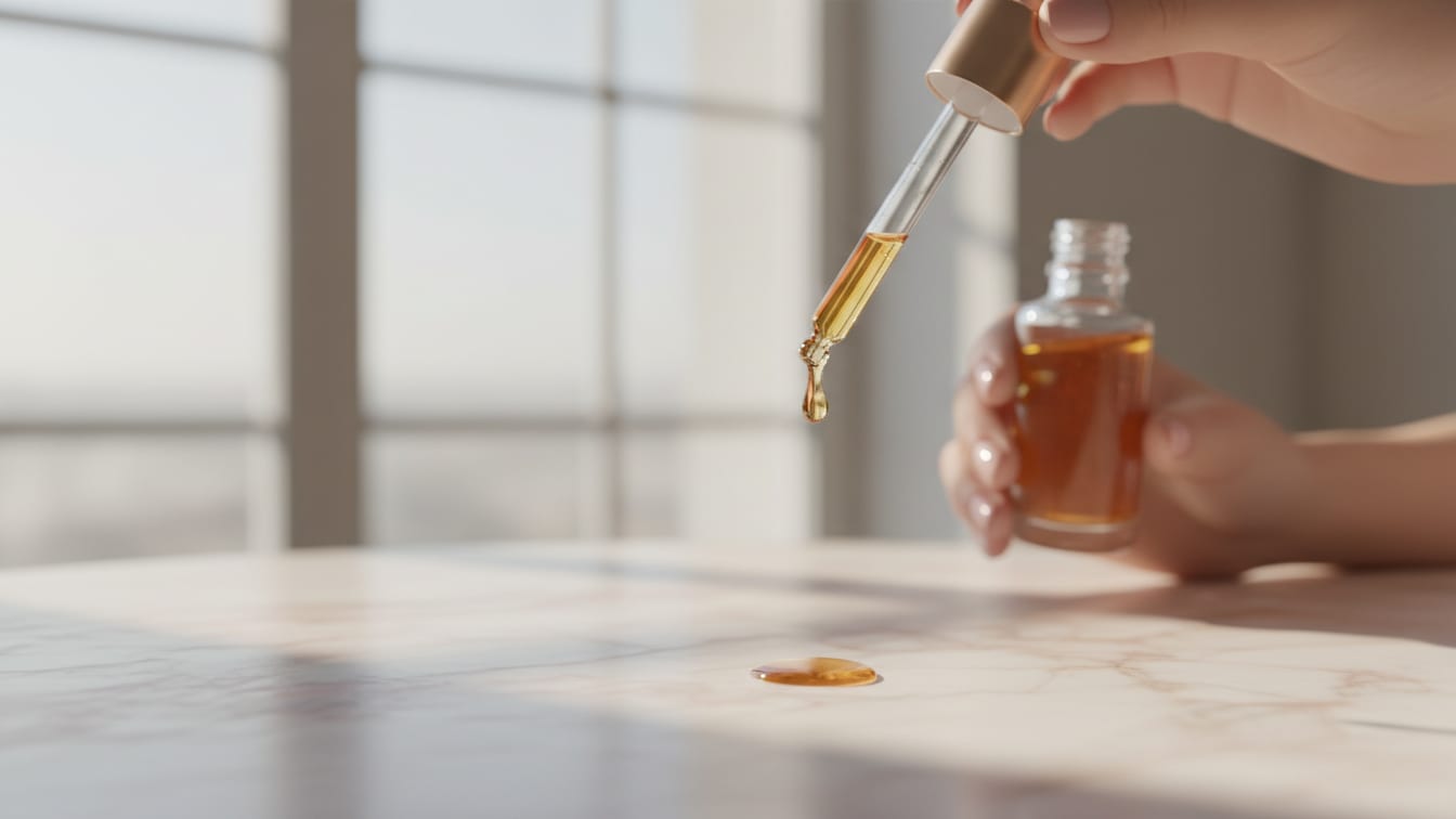 Illustration: A glass dropper dispenses a serum drop onto a marble surface, reflecting soft morning light.