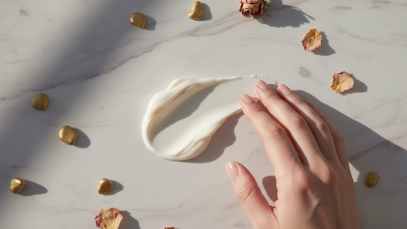 Illustration: A creamy, off-white moisturizer swatch on a cool-toned marble surface, illuminated by soft morning light.