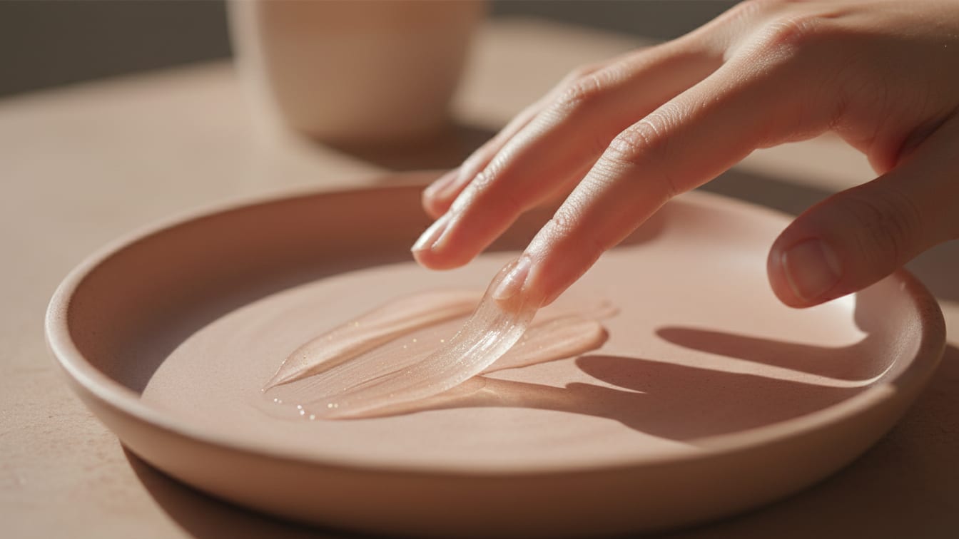 Illustration: A hand smoothing a translucent cream texture on a warm rose-beige ceramic surface.