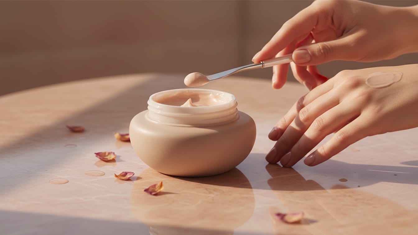 Illustration: A ceramic jar of beige cream with a silver spatula on its rim.