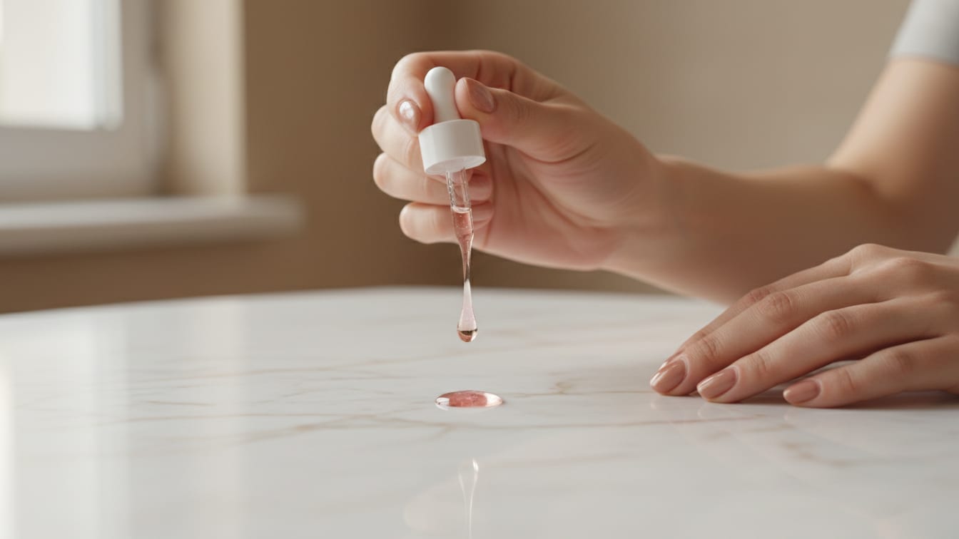 Illustration: A clear glass dropper releases a single drop of translucent serum onto a white marble surface, illuminated by.