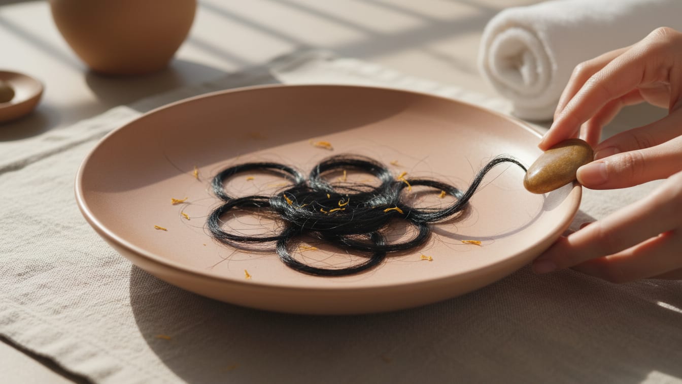 Illustration: A ceramic dish containing dark hair strands, illuminated by morning light.