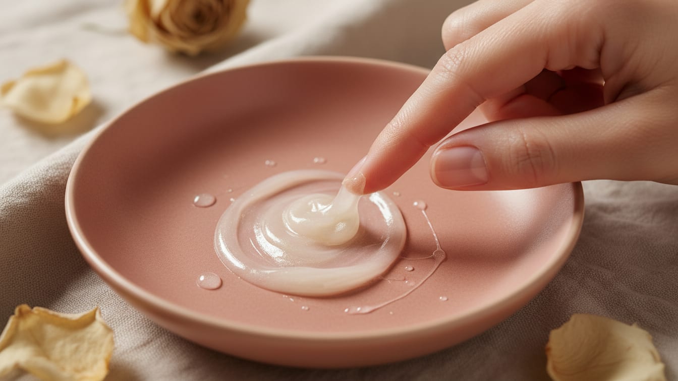 Illustration: A dollop of sunscreen with a golden shimmer in a rose ceramic dish, under soft light.