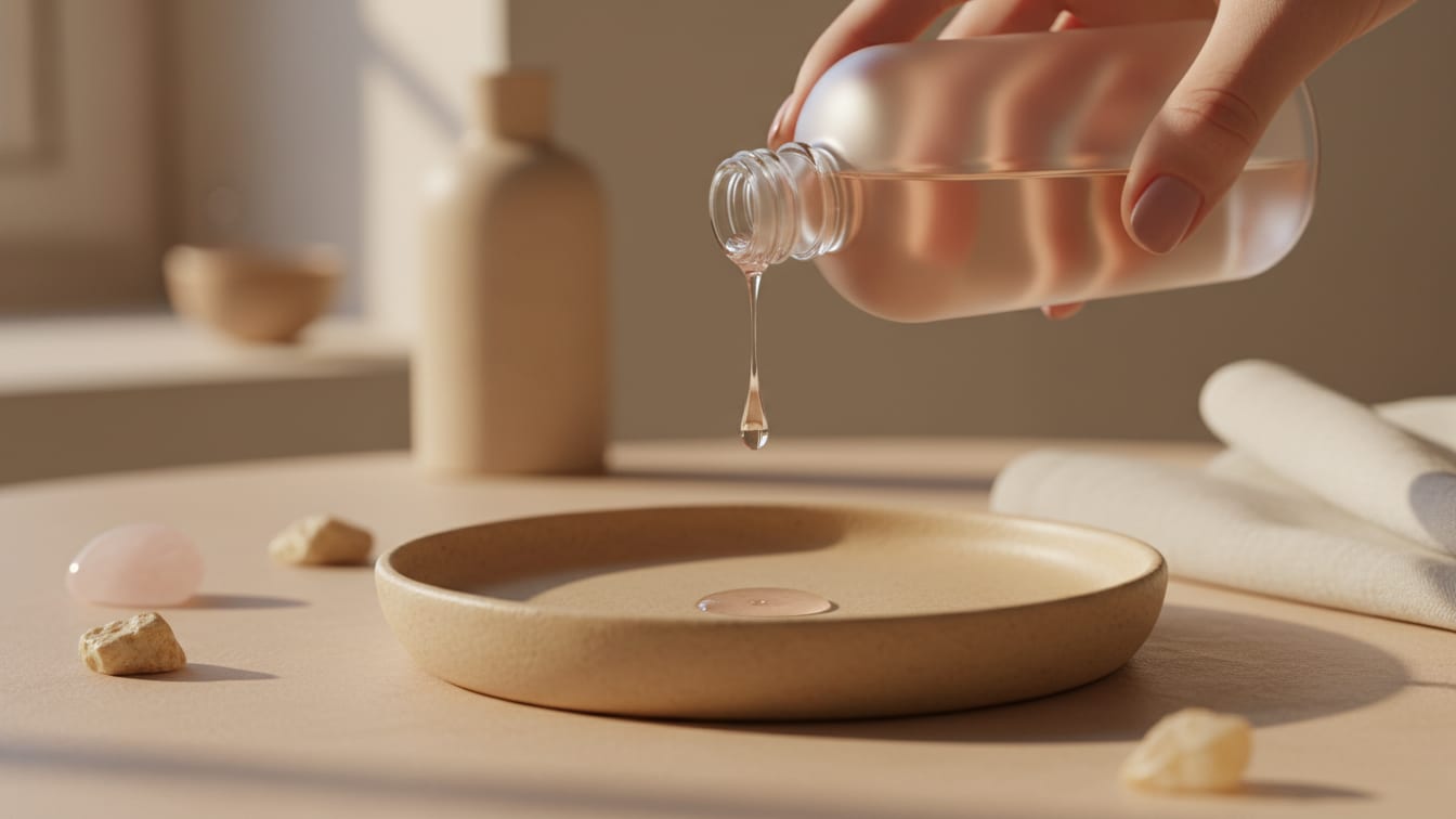 Illustration: A clear toner droplet falls from a glass bottle onto a warm beige ceramic surface.