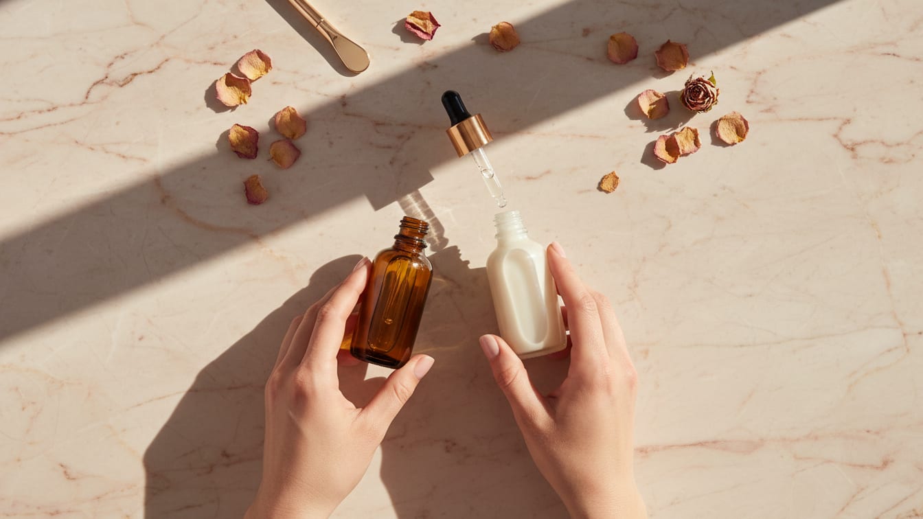 Illustration: Two unbranded amber bottles on marble, casting contrasting shadows in morning light.