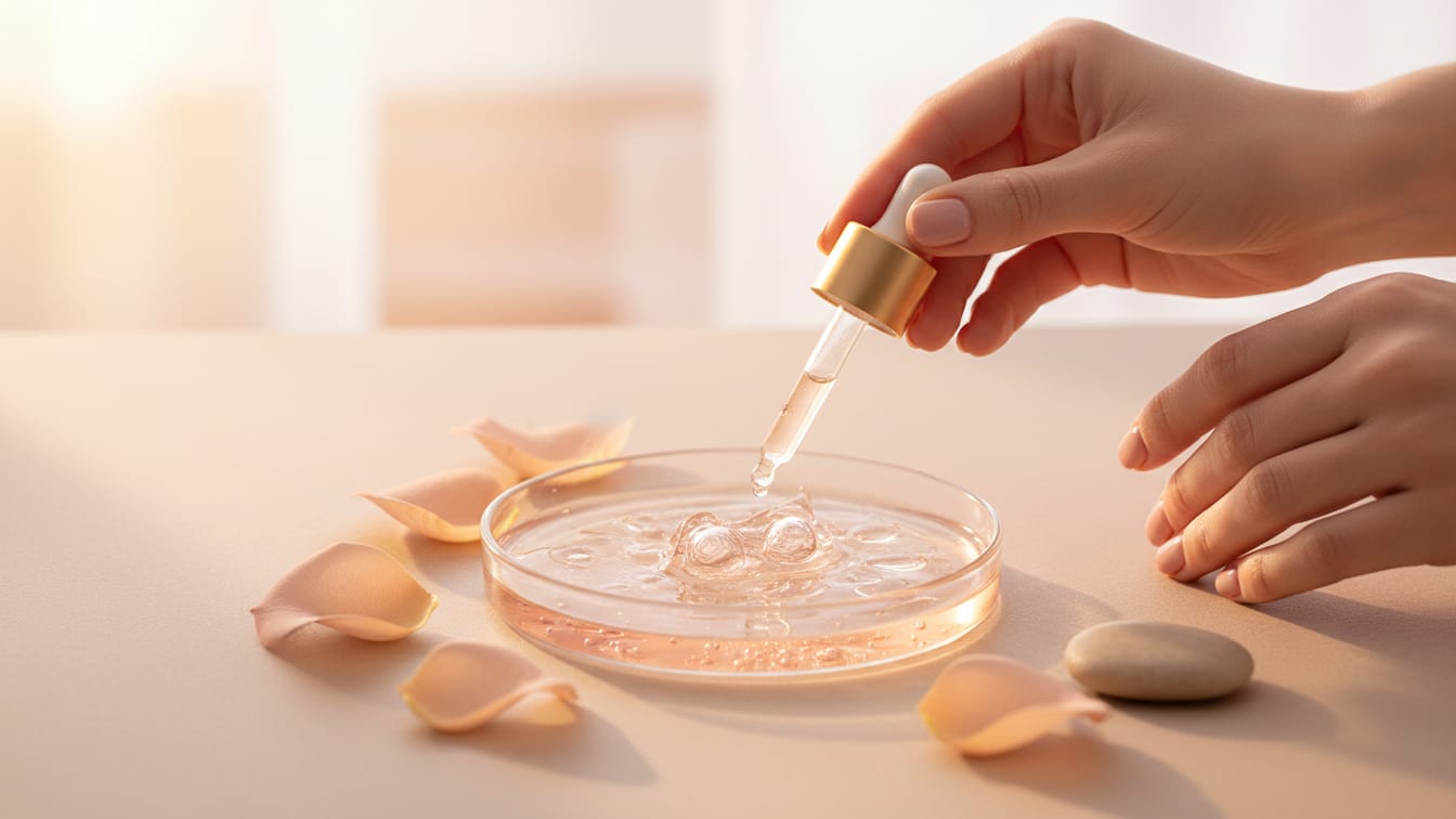 Illustration: A clear petri dish with a gel culture, backlit on a beige surface.
