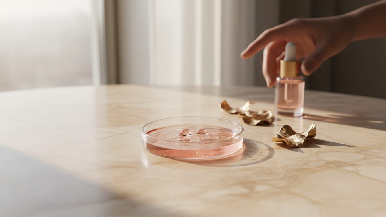 Illustration: A clear gel in a petri dish on a beige marble surface, with soft morning light.