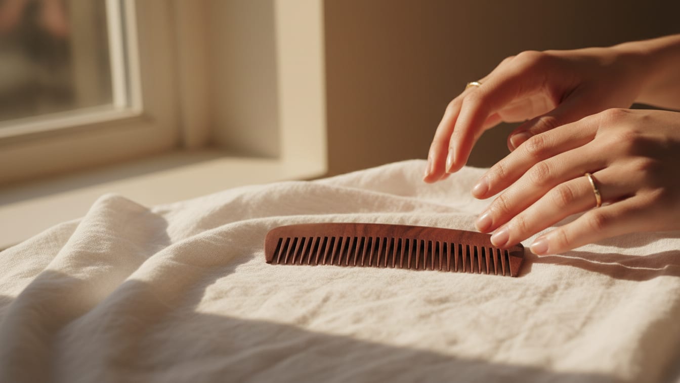 Illustration: A smooth wooden comb rests on a rumpled white linen towel, illuminated by soft morning light.