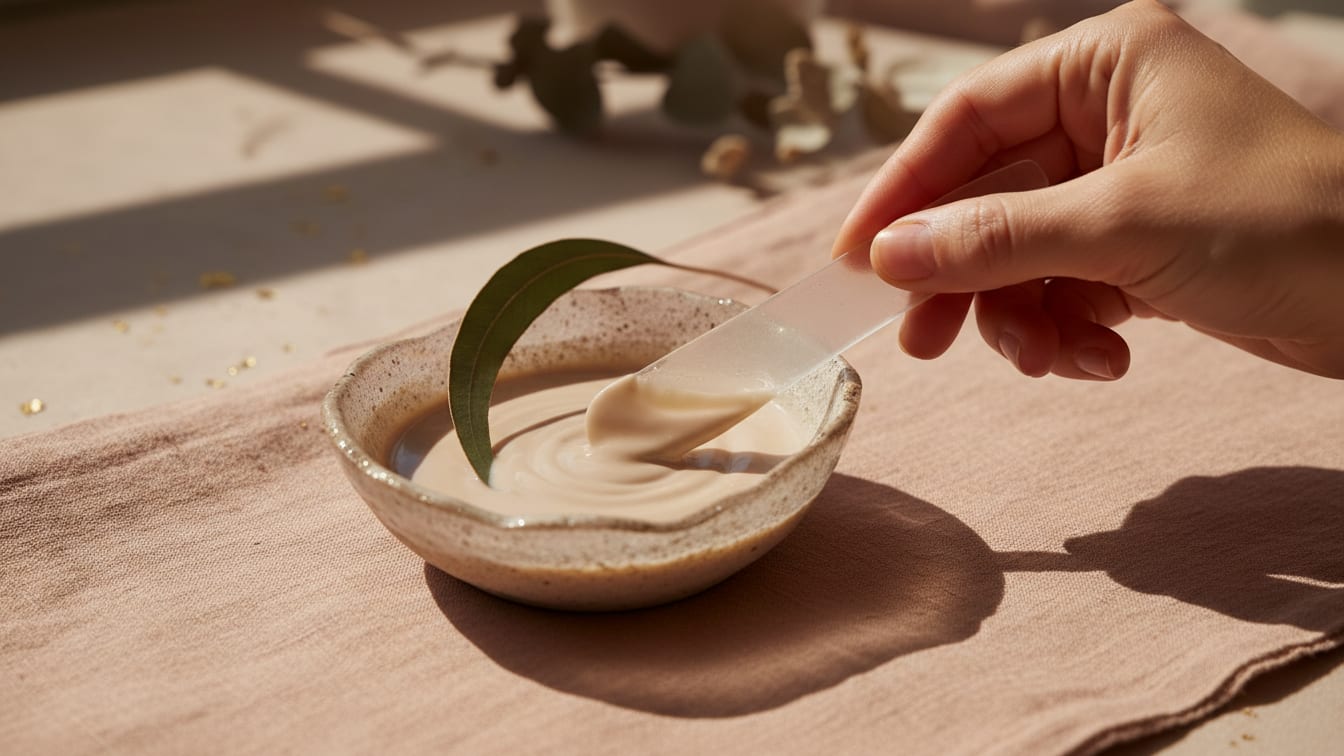 Illustration: A hand lifts a clear spatula from a ceramic dish of beige cream beside a eucalyptus leaf.