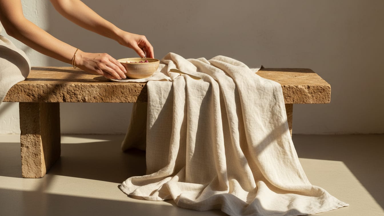 Illustration: Ivory linen falling in loose folds over the edge of a warm stone bench.