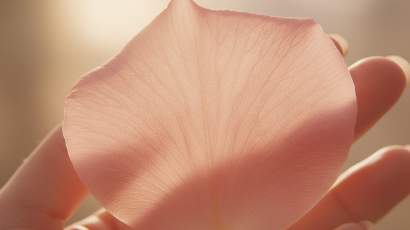 Illustration: A magnified rose petal, with subtle texture and warm light, hinting at gold.
