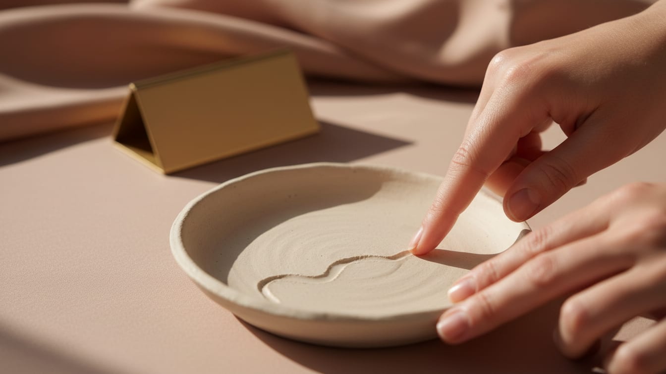 Illustration: A fingertip traces a wavy line in fine clay inside an unglazed ceramic dish, in soft morning light.