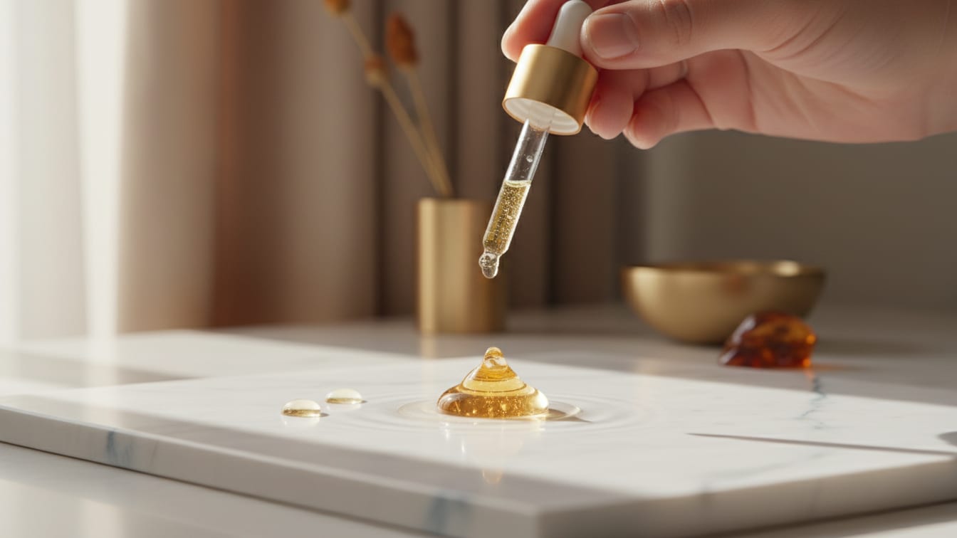 Illustration: A glass dropper releases a clear serum onto a white marble surface, creating a glistening dome under soft.
