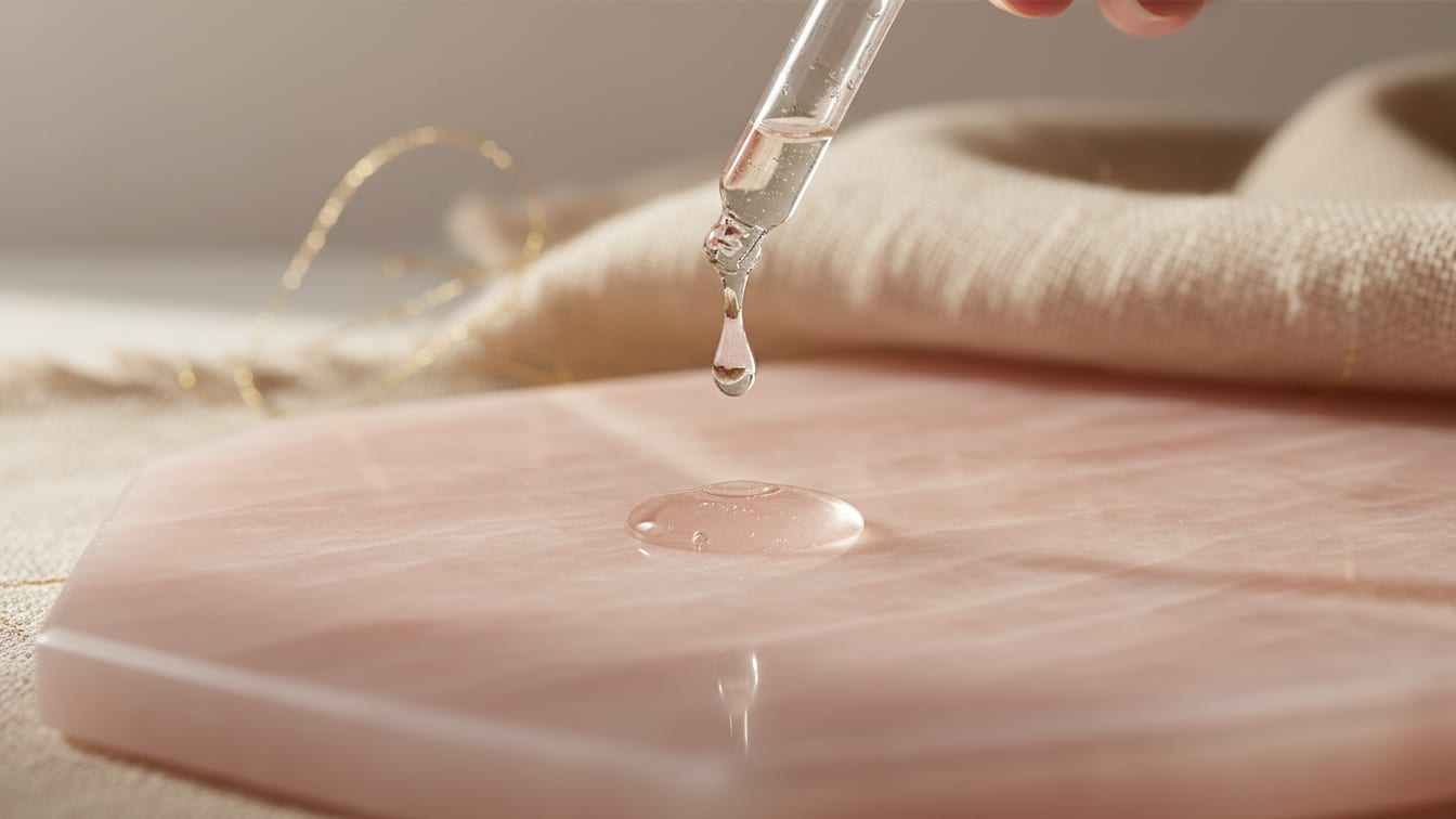 Illustration: A peptide serum drop falls from a glass dropper onto a rose quartz surface.