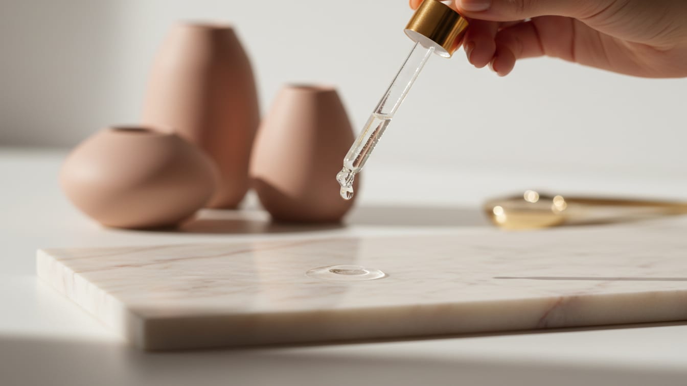Illustration: A glass dropper releases a single drop of clear serum onto a white marble surface, illuminated by natural.