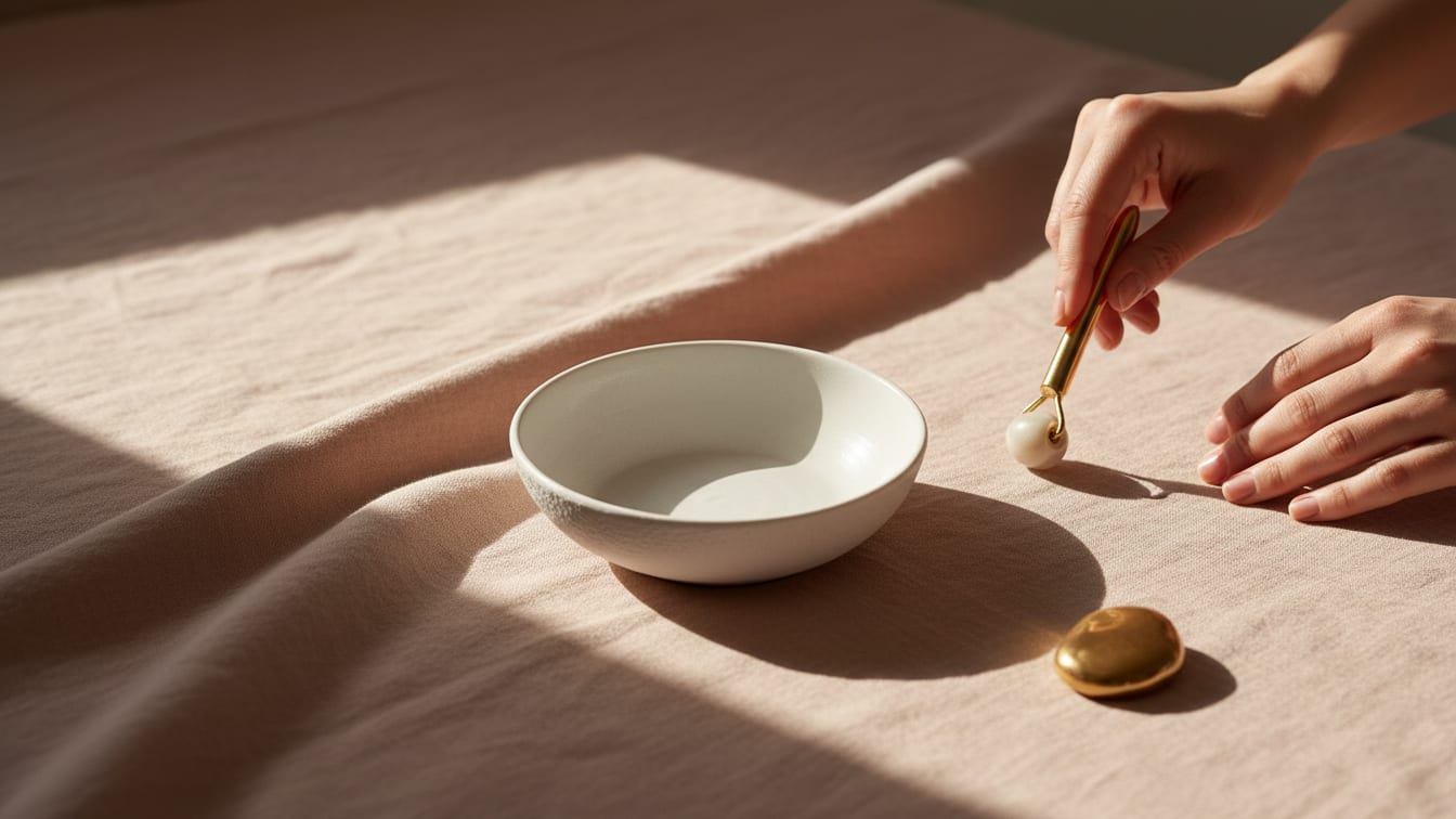 Illustration: An empty white ceramic dish on a rose-beige linen surface, lit by soft morning light.