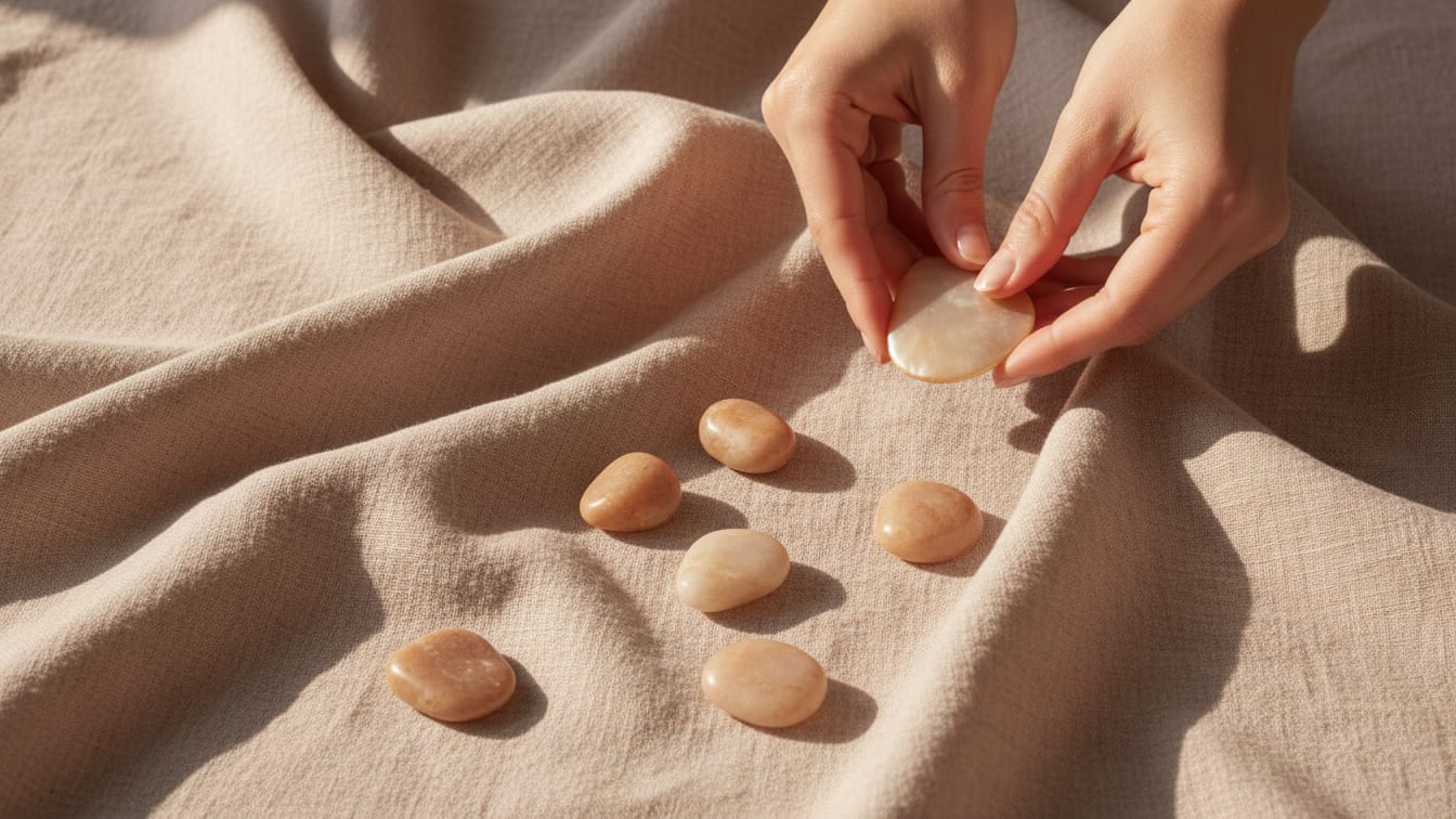 Illustration: Rose-beige linen cloth with smooth pebbles, illuminated by soft morning light.