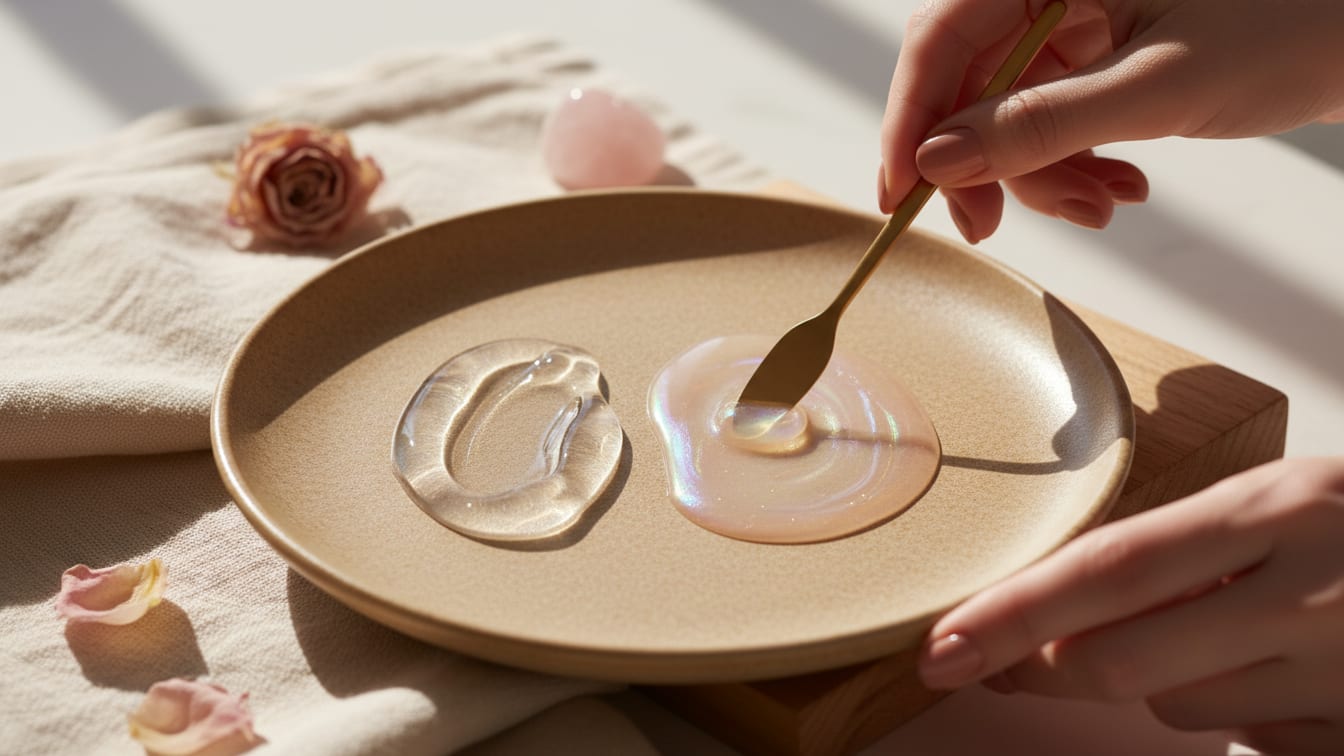 Illustration: Two distinct cosmetic textures, a ceramide cream and a peptide serum, on a beige ceramic plate.