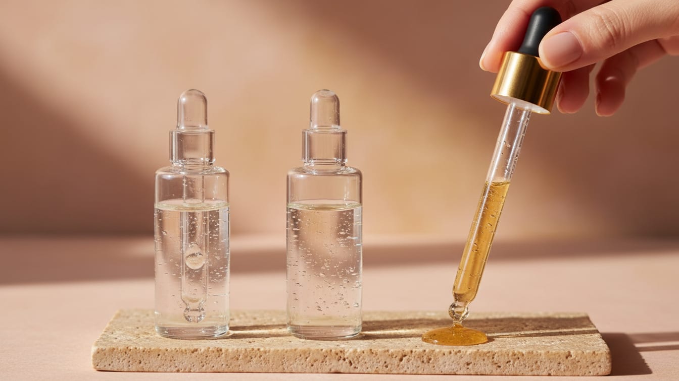 Illustration: Three clear glass pipettes with translucent liquids on a beige ceramic tile in soft morning light.