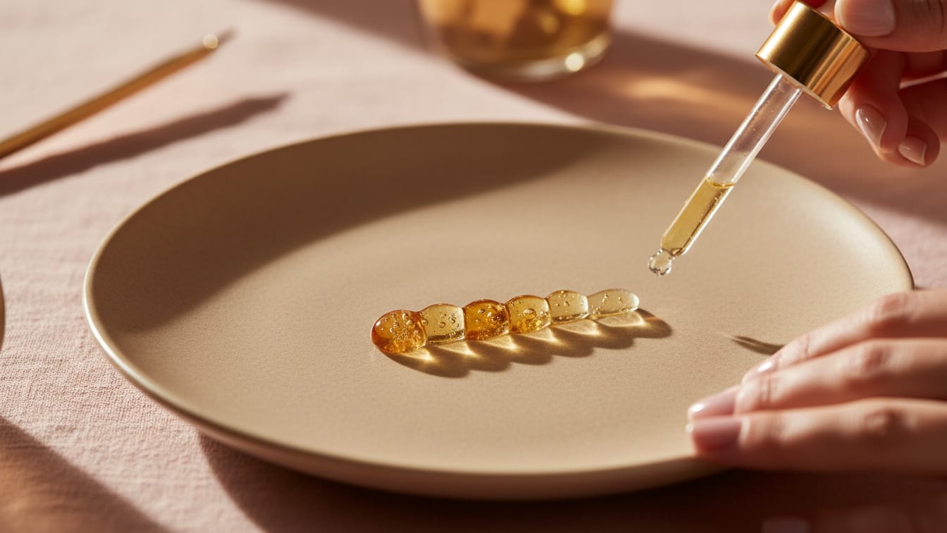 Illustration: A single amber gel droplet on a warm beige ceramic surface, lit by soft natural light.