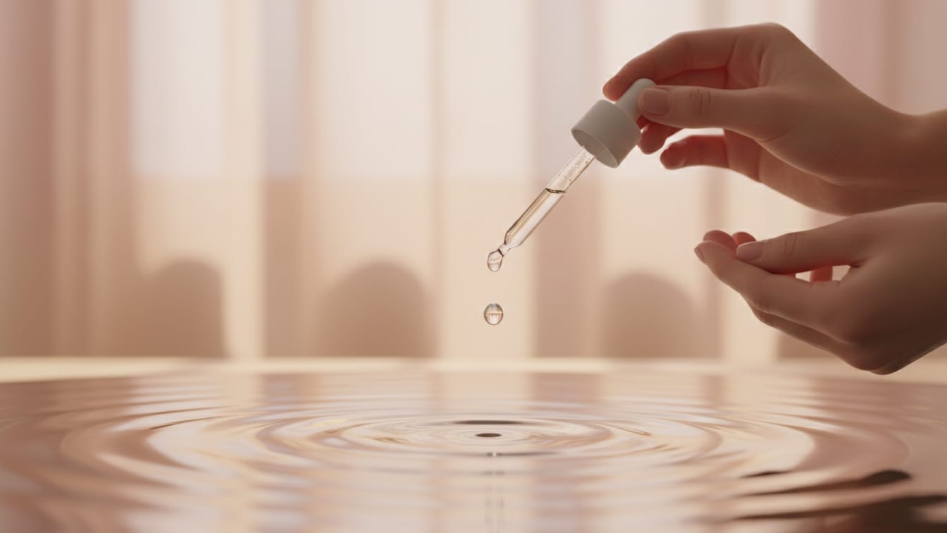 Illustration: A translucent liquid droplet hovers over a rippled water surface, reflecting soft light.