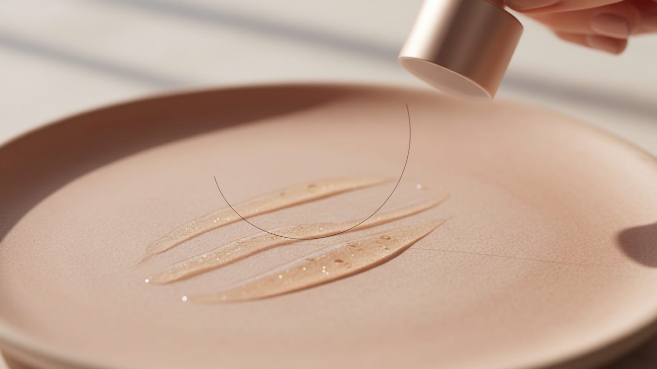 Illustration: A fine hair strand and streaks of pearlescent serum on a rose-beige ceramic dish, a hand holding an unlabelled cap.
