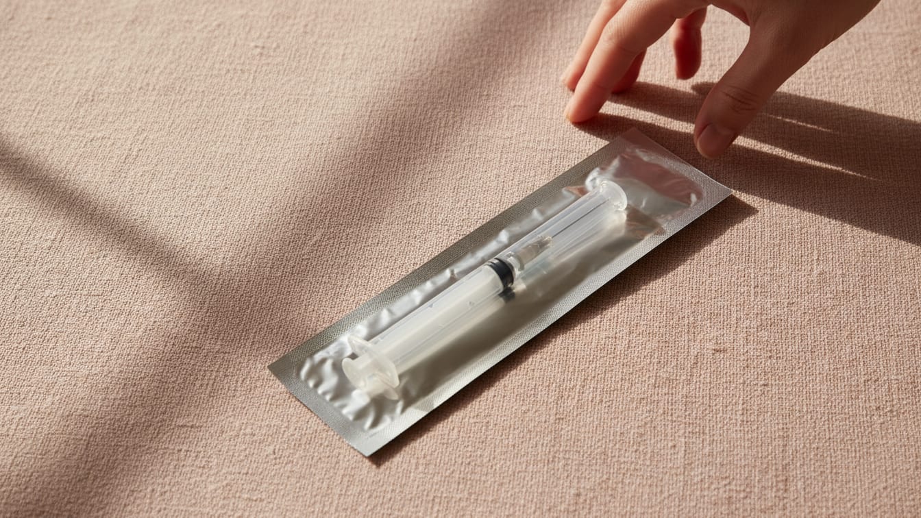 Illustration: A sterile, unbranded medical syringe in foil packaging on rose-beige linen in soft light.