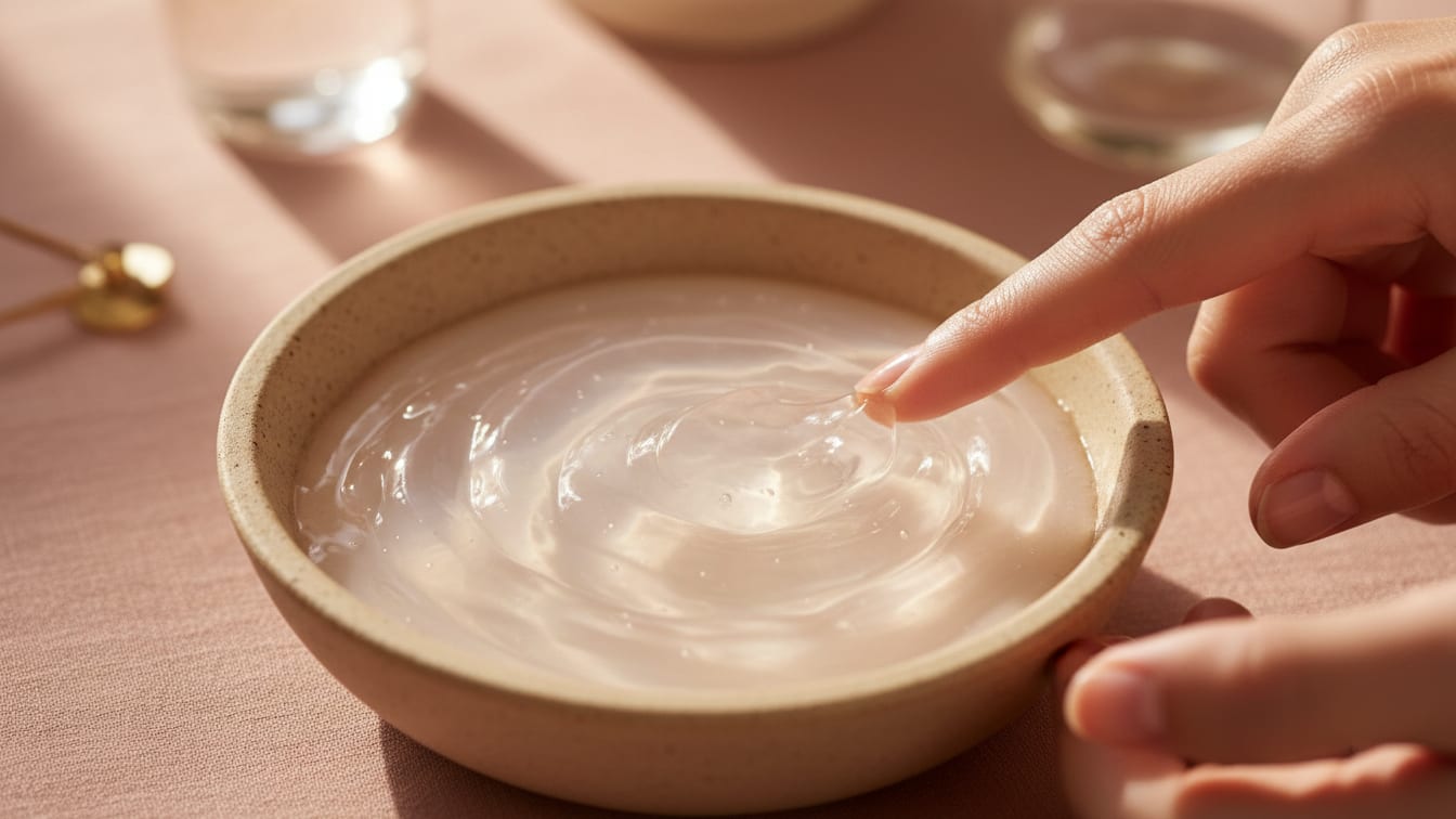 Illustration: A milky gel with a subtle ripple on a warm beige ceramic dish, lit by morning light.