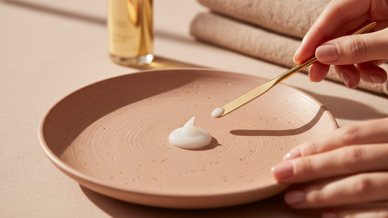 Illustration: An opaque white cream drop on a rose-beige ceramic surface in soft morning light.