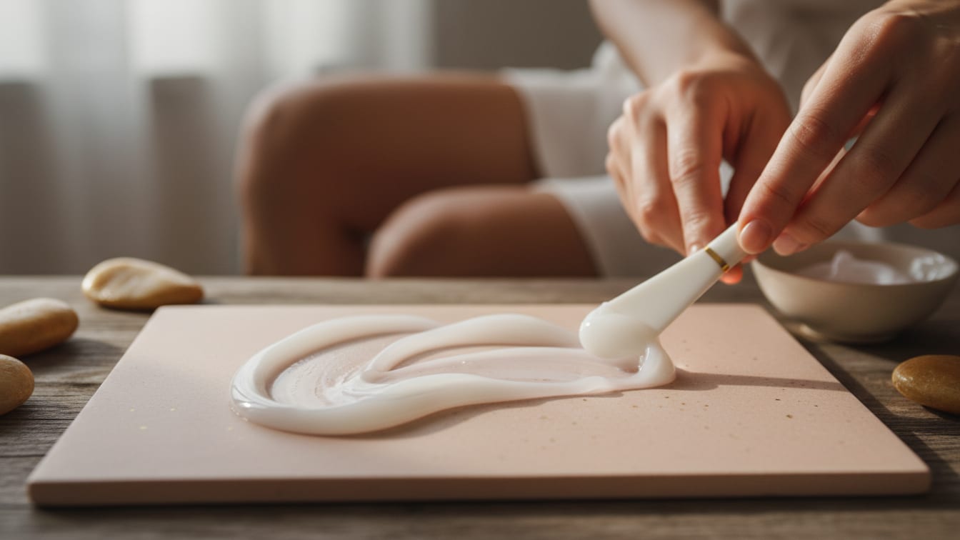 Illustration: A white gel texture on a rose-beige ceramic tile, spread with a ceramic spatula.