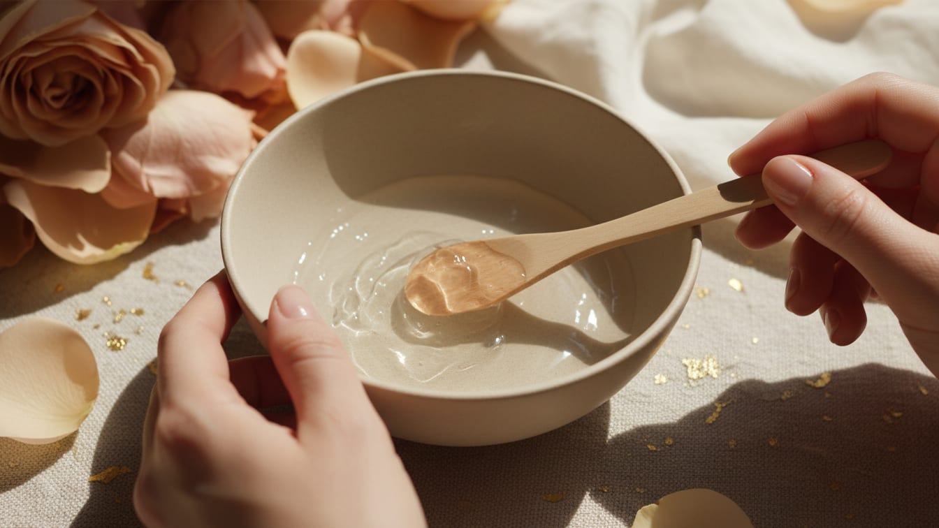 Illustration: A beige ceramic dish with a translucent gel and a wooden spatula, lit by morning light.