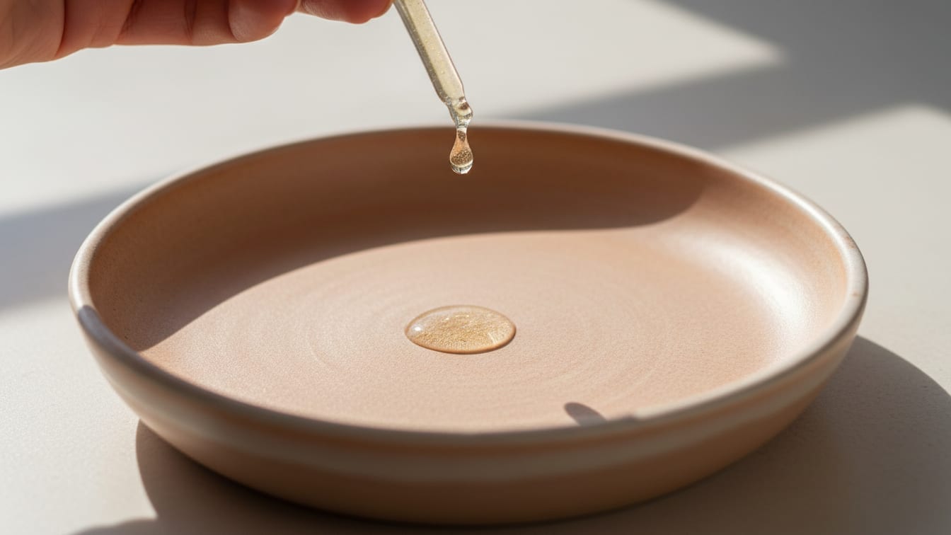 Illustration: A dropper releasing a clear drop into a rose-beige ceramic dish in afternoon light.