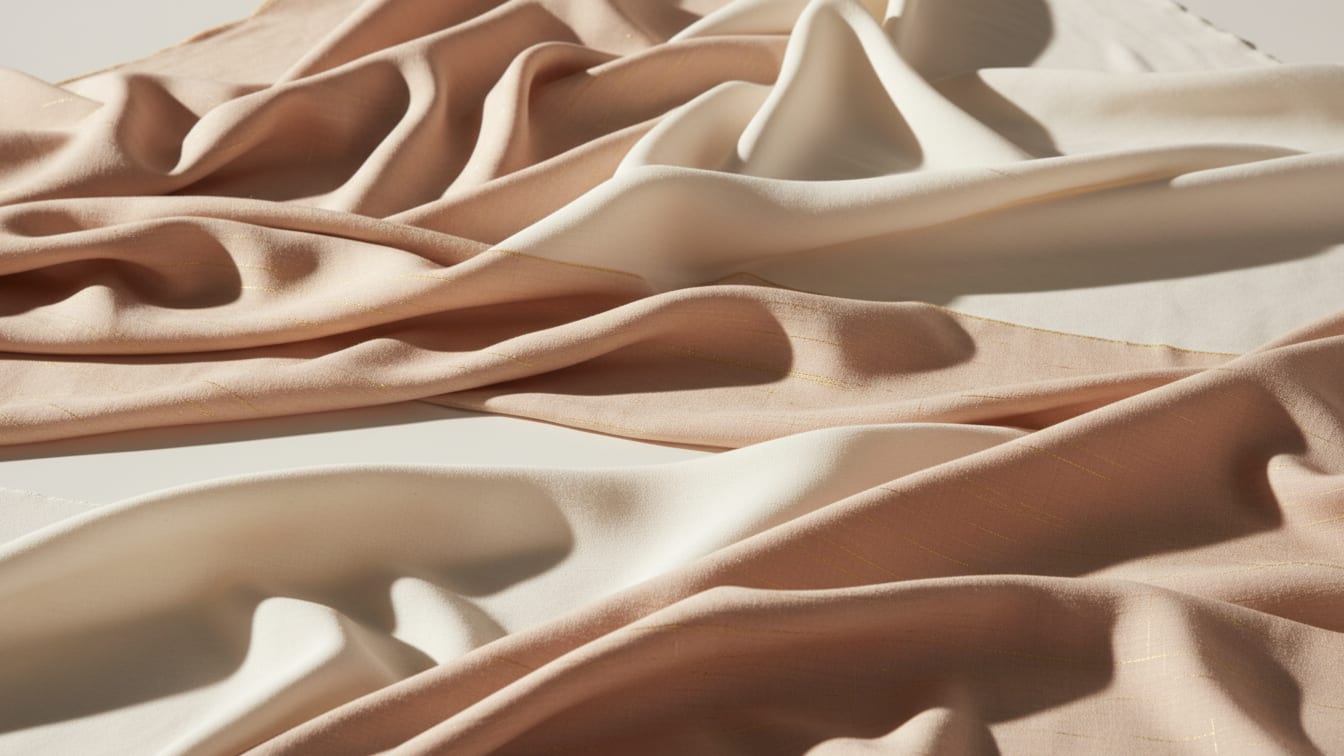 Illustration: Draped ivory and rose-beige fabric folds in soft side light.