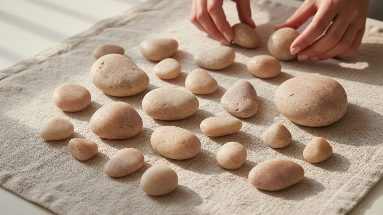 Illustration: Smooth river stones in warm beige and rose tones on linen, lit by soft morning light.