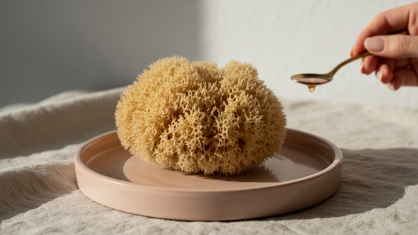 Illustration: A natural sea sponge on a rose-beige ceramic dish, lit by soft morning light.