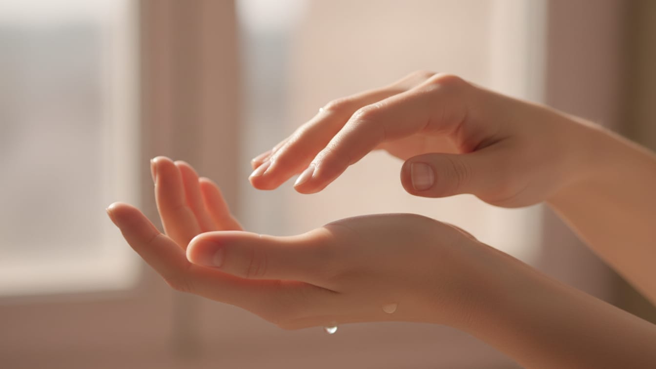 Illustration: Fine skin creases on a hand, subtly lit by soft morning light on a warm rose-beige background.