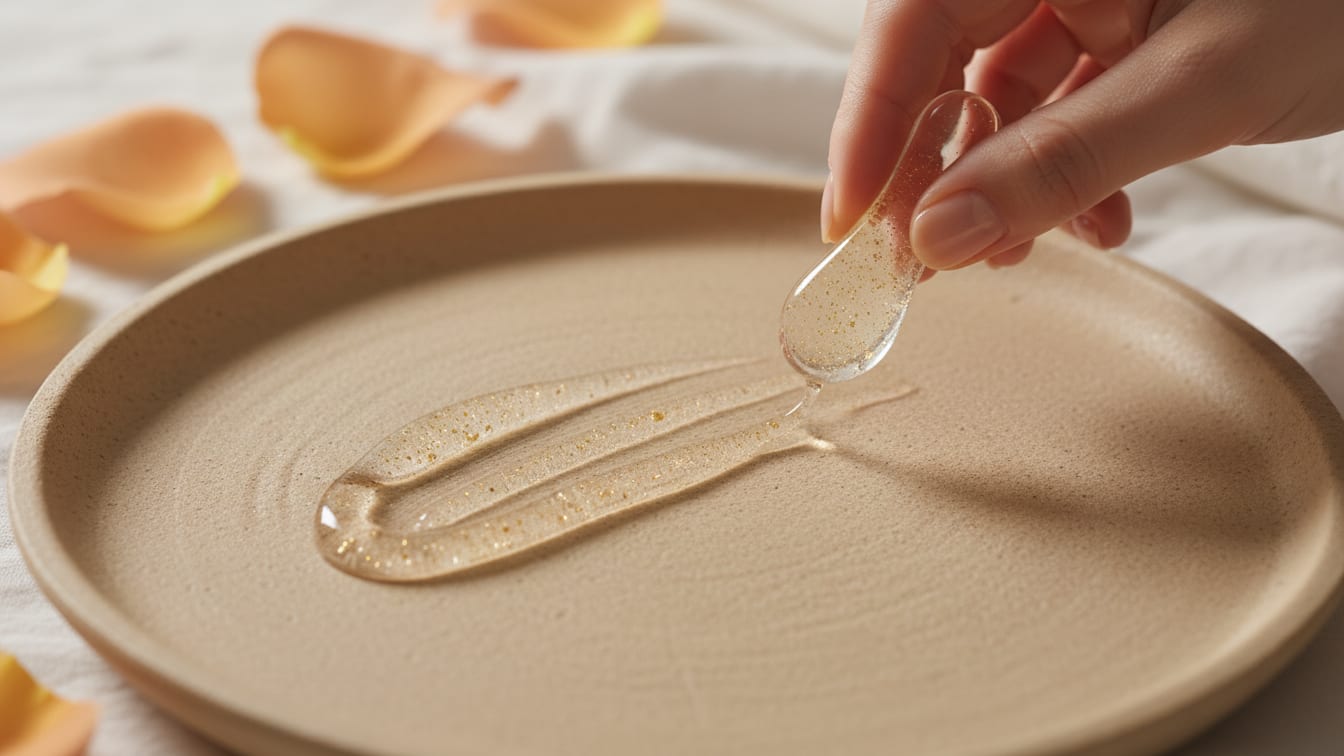 Illustration: A hand drawing clear gel with gold flecks across a warm beige ceramic dish, rose petals around it.