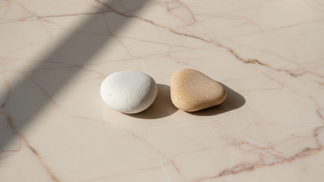 Illustration: Two smooth pale stones of different tones side by side on beige marble.