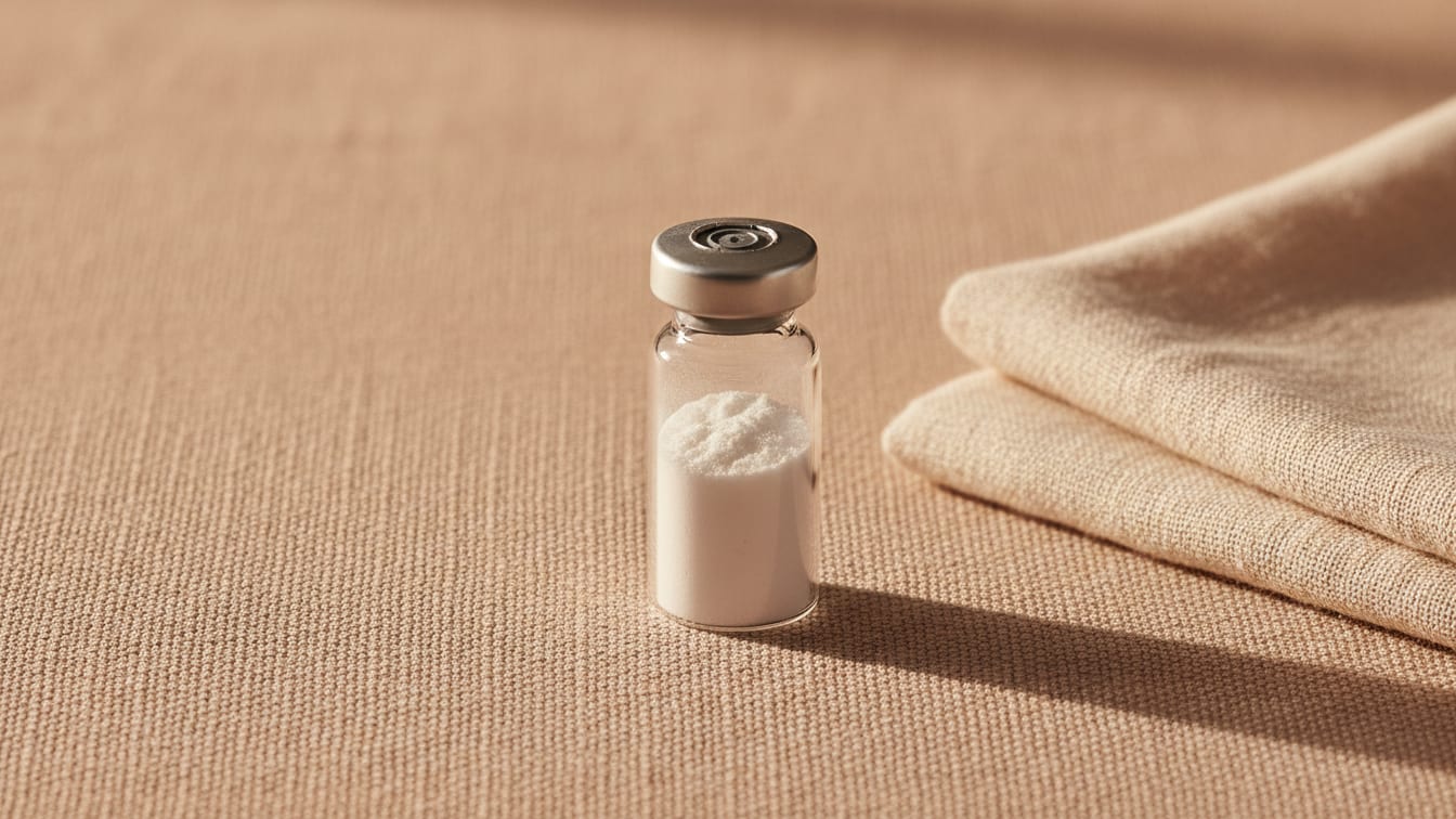 Illustration: An unlabelled glass vial of white powder on beige linen in soft morning light.