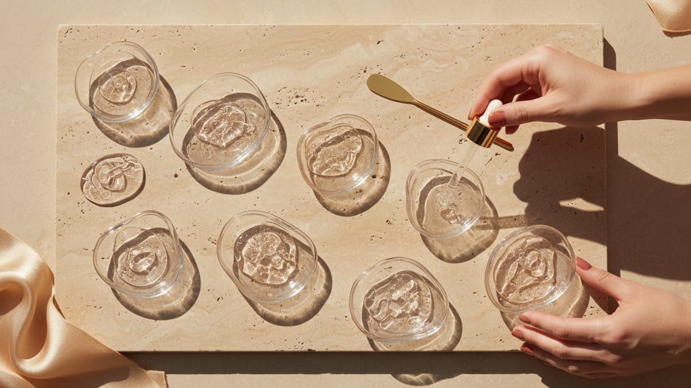 Illustration: Small glass dishes of clear gels with different textures on beige travertine.
