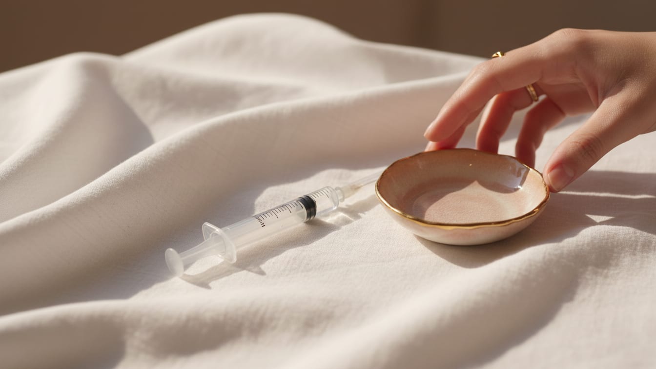 Illustration: A clear syringe on a white linen cloth with a small ceramic dish, lit by natural light.