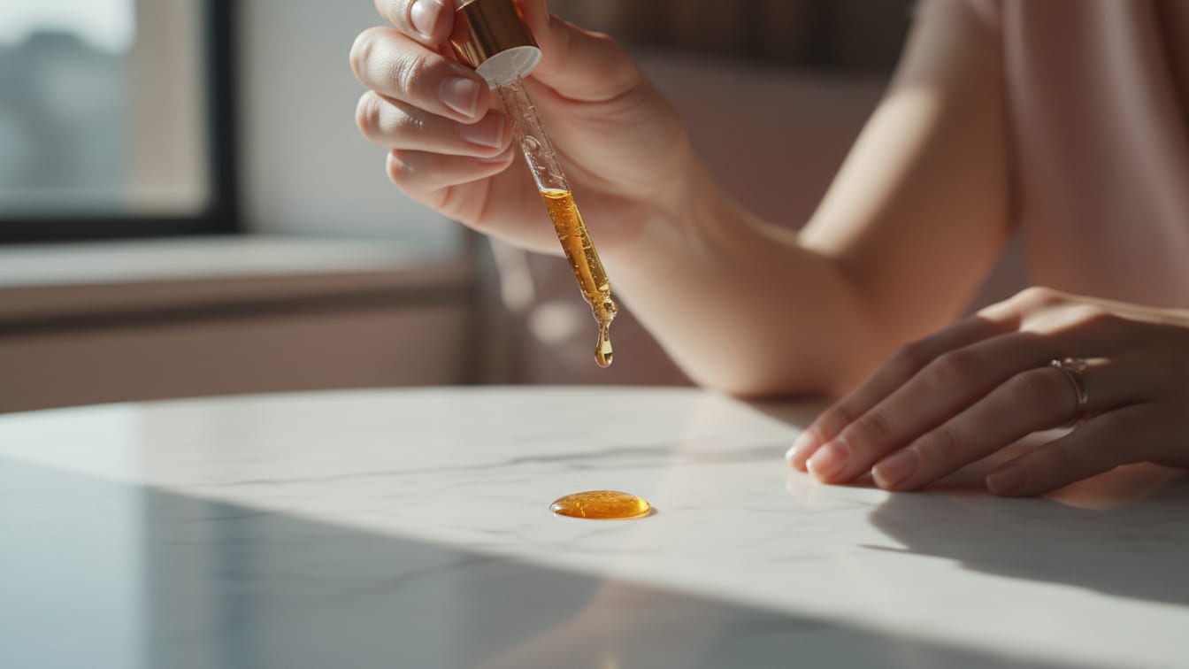 Illustration: A serum drop falls from a glass dropper onto a marble surface, illuminated by natural light.