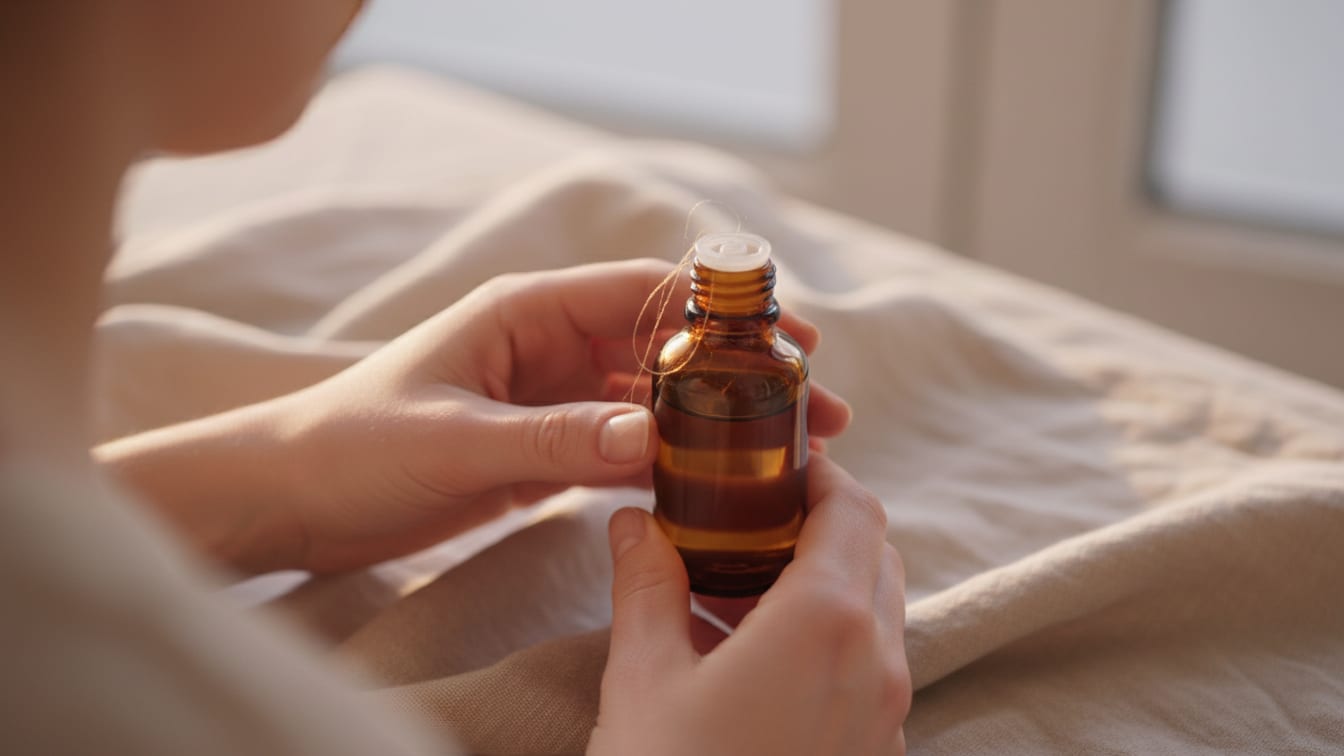 Illustration: A golden thread draped over an unbranded amber glass bottle on a beige linen cloth.