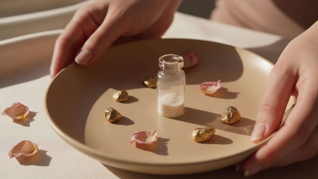 Illustration: A small glass vial with off-white powder on a warm beige ceramic surface.