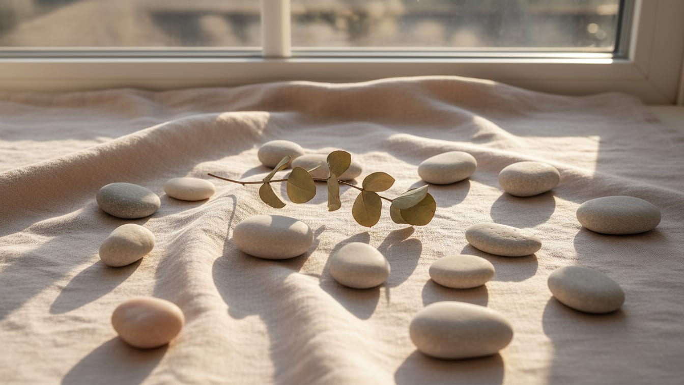 Illustration: Smooth river stones and a sprig of dried eucalyptus on pale linen by a window.