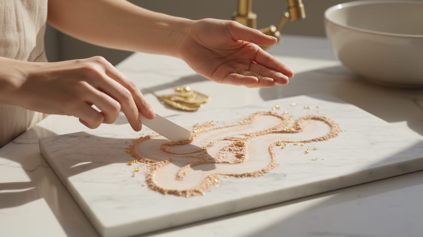 Illustration: A gradient of warm beige to soft rose powder on a marble slab, lit by morning light.